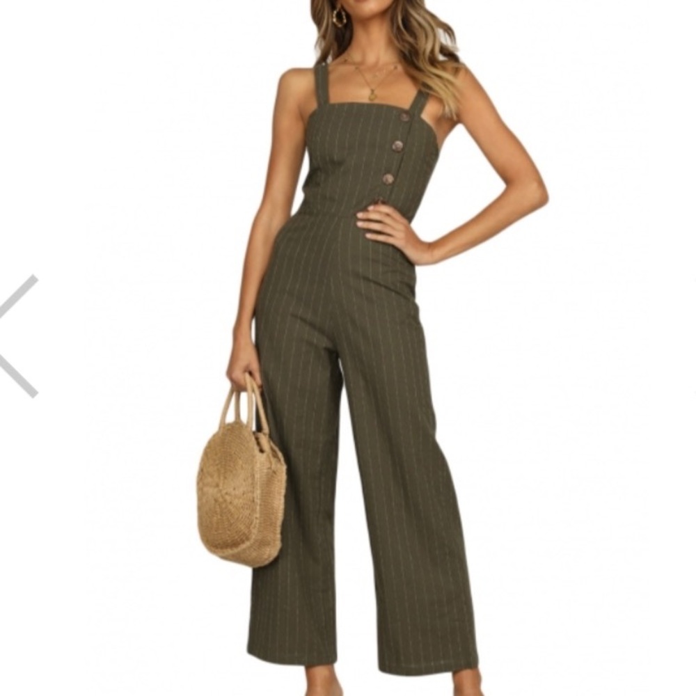 Forest Green Striped Jumpsuit with Button Detail